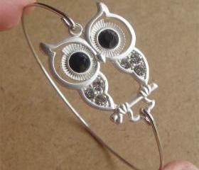 Rhinestone Owl Bangle Bracelet, Simple Everyday Jewelry, Elegant gift, Bridesmaid Gift, Bridal Wedding Jewelry